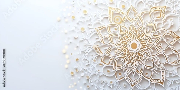 Fototapeta 3D paper-cut art of a white and gold arabesque mandala on the left side, against a white background, in a flat lay composition. bokeh background