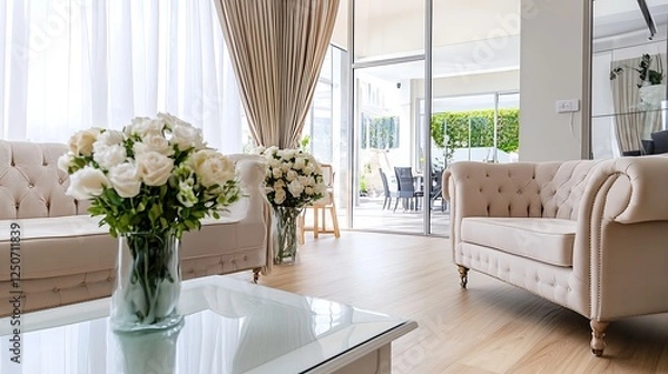 Fototapeta Elegant Living Room Interior with Soft Sofa Arrangement and Beautiful Floral Centerpiece : Generative AI