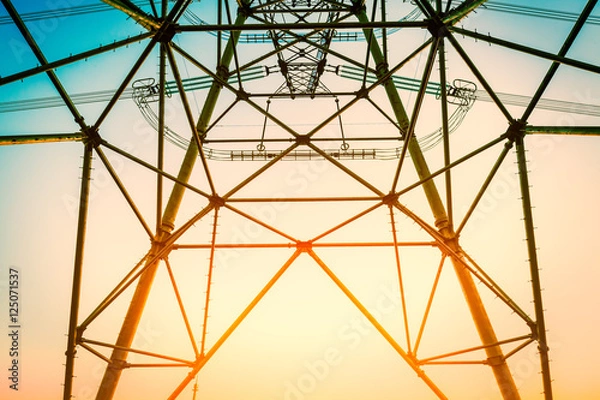 Obraz High voltage power tower beautiful scenery at dusk