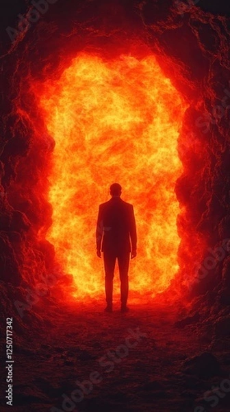 Fototapeta hell, fire, and demon concept. Mysterious figure approaching fiery portal