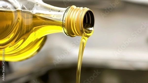 Fototapeta Detailed oil change in progress on a modern luxury vehicle's engine bay, with yellow oil being poured into a small metal canister under bright sunlight. 