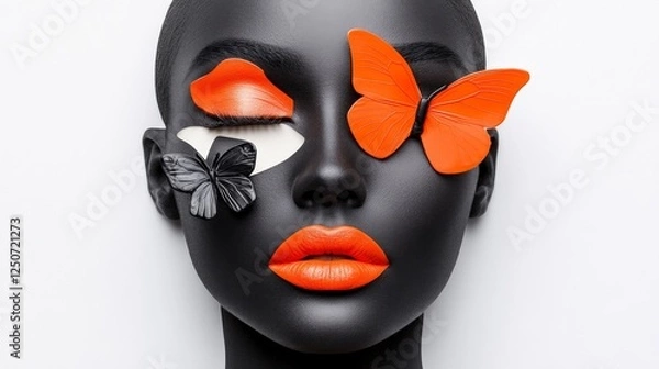 Fototapeta Ethereal Masked Portrait: An avant-garde artwork, where a black-painted human head is adorned with delicate floral and butterfly-inspired elements in vibrant orange hues.