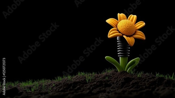 Fototapeta Solar Sunflower: A close-up shot showcases a striking solar-powered flower, basking in the gentle glow of a soft light. This image encapsulates innovation in sustainable technology.