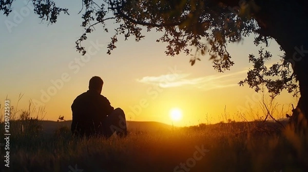 Fototapeta Silhouette of a man sitting under a tree admiring the sunset on a peaceful evening : Generative AI