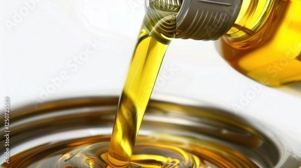 Fototapeta Detailed oil change in progress on a modern luxury vehicle's engine bay, with yellow oil being poured into a small metal canister under bright sunlight. 