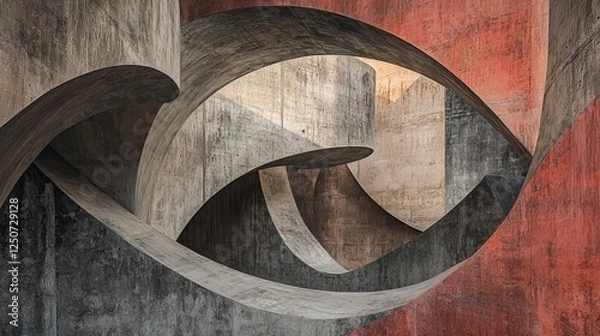 Obraz Futuristic brutalist architecture with flowing concrete curves and bold red accents, creating a surreal and abstract urban landscape. AI generative.