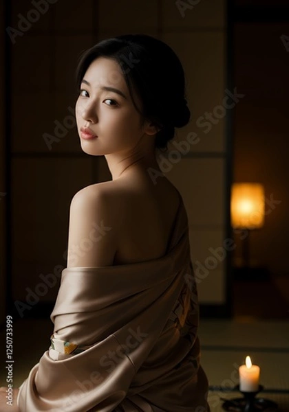 Fototapeta A beautiful Japanese woman sitting gracefully in a traditional Japanese room, loosely draped in a luxurious silk kimono. The warm candlelight casts soft shadows, adding an intimate and elegant touch.