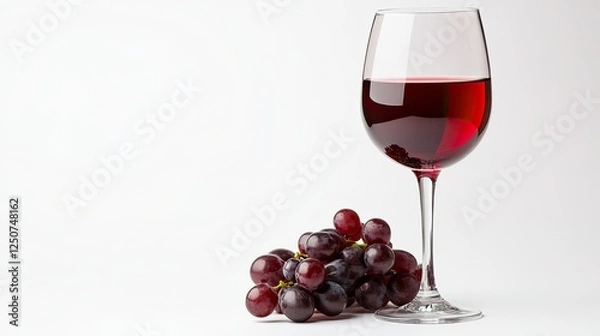 Fototapeta A sophisticated glass of red wine with a cluster of grapes beside it, elegantly placed on a clean white background.