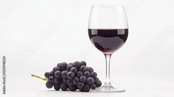 Fototapeta A sophisticated glass of red wine with a cluster of grapes beside it, elegantly placed on a clean white background.