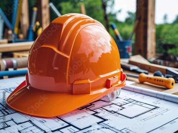 Obraz Orange hard hat on architectural blueprints