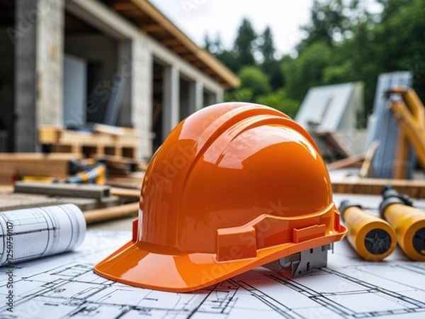 Fototapeta Orange Hard Hat on Construction Site Blueprints