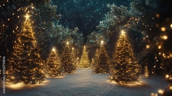 Obraz Christmas trees covered in sparkling fairy lights, glowing beautifully in a snowy winter wonderland. --chaos 20 --ar 16:9 --quality 2 --v 6.1 Job ID: e6c48d7f-995a-469c-8442-bef651b11855