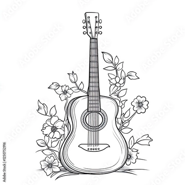 Obraz Simple Coloring Book Page Guitar with Floral Ornaments