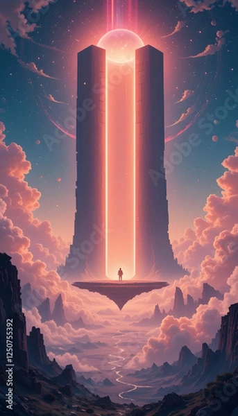 Fototapeta otherworldly space horizon with soft neon vapor clouds, an enormous glowing portal in the sky, and a small human figure gazing at an ancient floating monolith radiating energy beams