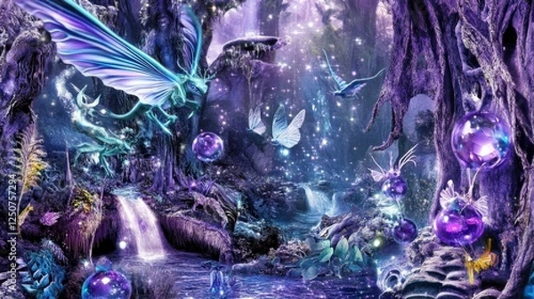 Fototapeta Enchanted Forest Dream: A Mystical Waterfall Scene with Glowing Creatures and Crystals