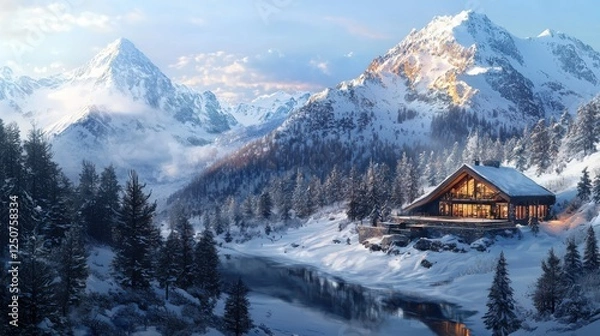 Obraz Mountain cabin in snowy landscape majestic mountains scenic photography winter wonderland warm light three-quarter view