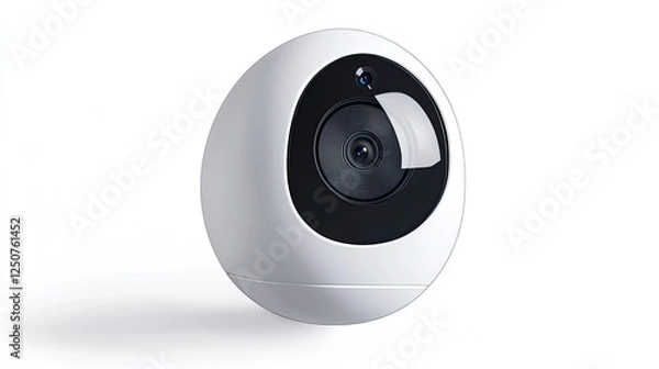 Fototapeta Stylish smart security camera with rounded edges and a futuristic look, perfectly isolated on white.