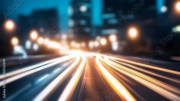 Fototapeta Dynamic urban night scene with colorful streaks of light from moving vehicles illustrating modern city life and speed : Generative AI