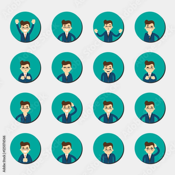 Fototapeta Cartoon man in various poses and facial expressions. People emotional round icons isolated on white background, vector illustration. Collection of female avatars faces. Different emotions icon set.