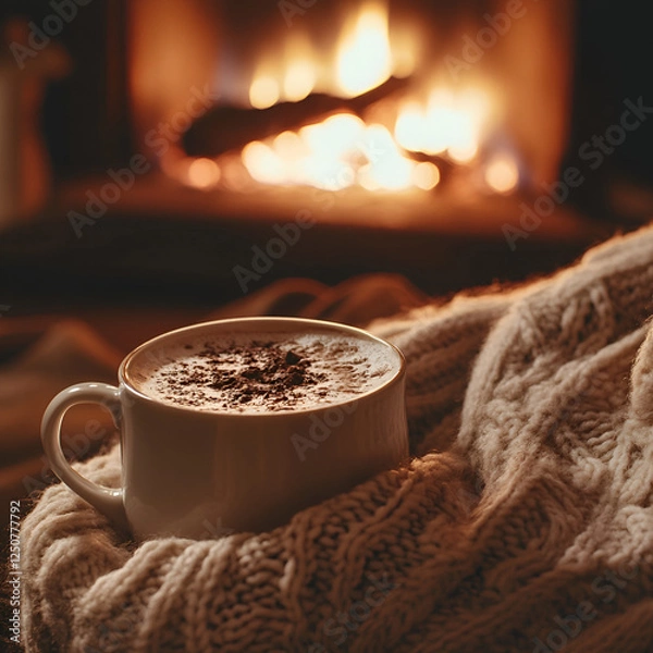 Obraz Cozy Winter Evening: A steaming mug of hot cocoa adorned with chocolate shavings, nestled in a cozy knit sweater,  with a roaring fireplace in the background.