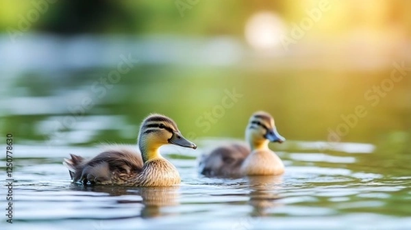 Fototapeta Two ducklings swimming gracefully in a serene pond surrounded by lush greenery and soft sunlight : Generative AI