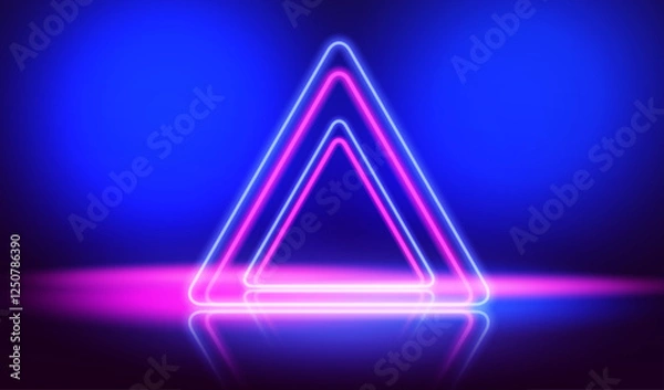 Fototapeta Realistic ai triangle glowing blue and pink neon lamps in futuristic gaming design. Display scene game for presentation. Empty show room with 3d stage vector background. Ai concept.