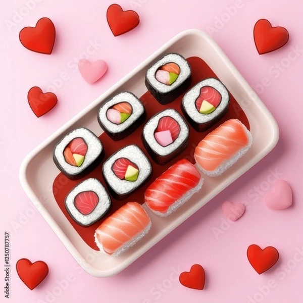 Fototapeta Saint Valentines Day and 8 March International Womens Day Realistic 3D icon cartoon of a luxury sushi platter with pink and red sushi rolls