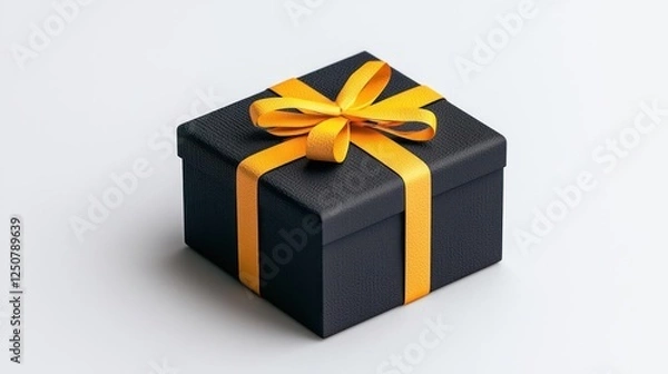 Obraz Black Gift Box with Yellow Ribbon on White Background