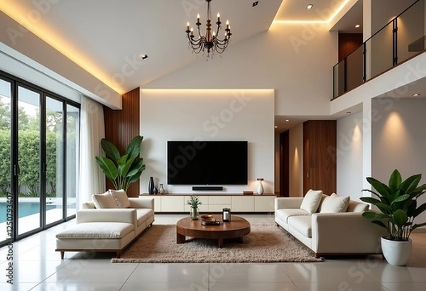Fototapeta ロフトスタイルのインテリアデザイン：モダンなフレンチスタイル、中国の要素、明るい照明、天井まで伸びるシームレスなテレビの壁を備えたフォトリアリスティックなヴィラのリビングルーム。

