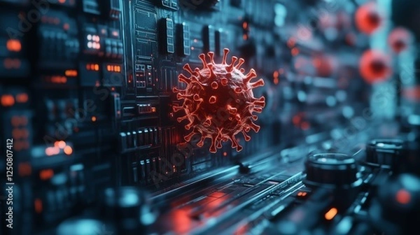 Fototapeta  A highly detailed conceptual illustration of a glowing red virus particle infecting a futuristic circuit board. The image symbolizes the dangers of cyber threats, malware, and digital infections in m