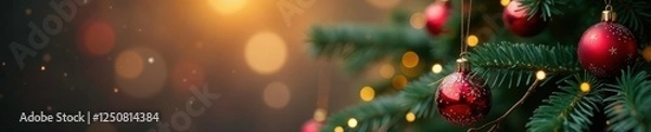 Fototapeta Ornamented Christmas tree on a defocused abstract background, winter, lights, festive
