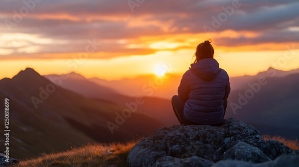 Fototapeta Thoughtful woman meditating and admiring the breathtaking sunset view from mountain top : Generative AI