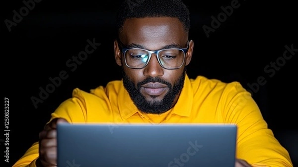 Obraz Focused Observer: A man in glasses, deeply immersed in work, stares intently at a laptop screen, enveloped in a dimly lit environment.
