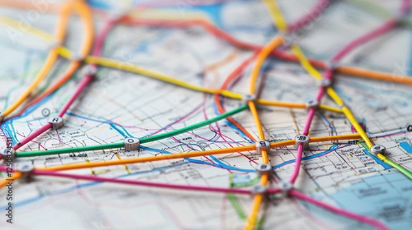 Fototapeta close up of colorful bus route map featuring vibrant lines and connections, showcasing complexity of urban transportation. intricate design highlights various routes and stops