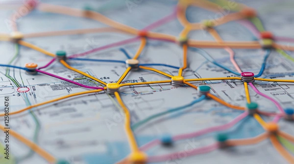Fototapeta close up of bus route map featuring colorful lines and nodes, illustrating various routes and connections. vibrant colors enhance visual appeal of transportation network