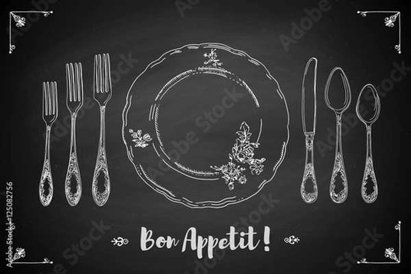 Obraz Hand drawn illustration of curly ornamental silver tableware, plate a black chalkboard background. Table setting set. Hand drawn design element. Sketch, vintage. Vector Illustration