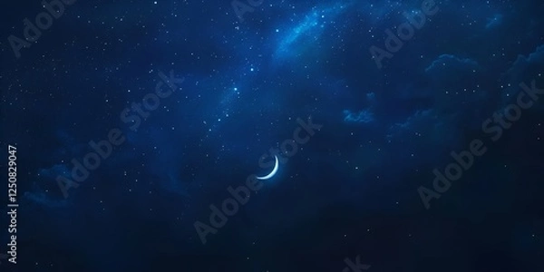 Fototapeta Starry sky with a crescent moon and the Milky Way, in a dark blue color, night sky with stars and clouds, a night scene with moonlight and a starry background. bokeh background