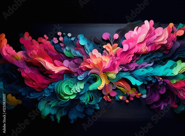 Fototapeta Vibrant abstract artwork with floral-like shapes set against a dark background. Bold colors and flowing lines create a captivating composition.