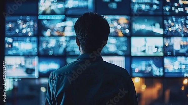 Fototapeta Man monitoring security screens; city night view; control room; data analysis; security