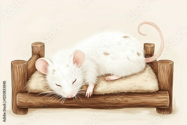 Fototapeta A cute white mouse sleeping on a cozy wooden bed.