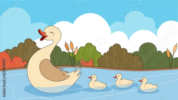 Fototapeta Mother duck swims with her three ducklings in the pond