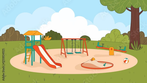 Fototapeta Playground in the park vector illustration. Kindergarten playground with swings, slide, seasaw, sandbox. Flat vector illustration