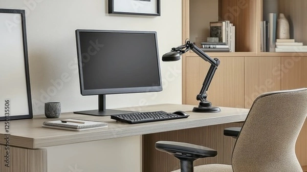 Fototapeta A productivity-focused home office featuring a monitor arm and task lamp.
