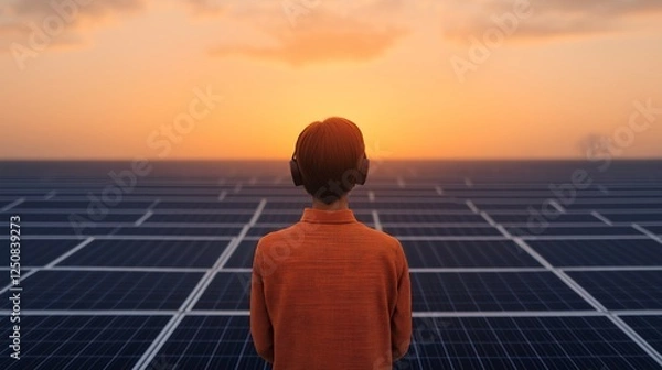 Fototapeta A young individual stands before a vast solar panel field, captivated by the breathtaking sunset. The scene highlights the harmony between nature and renewable energy.