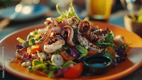 Fototapeta Grilled octopus squid and prawn salad with mixed salad and sauce in a orange plate