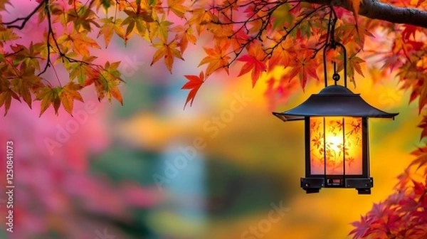 Fototapeta A lantern hanging from a tree branch with colorful autumn leaves
