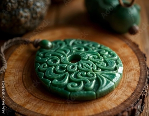 Obraz Dark Green Intricately Carved Pounamu Pendant on a wooden table