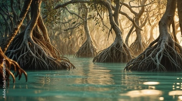 Fototapeta Mystical mangrove forest at sunrise. Sunlight filters through the canopy, illuminating the intricate root systems of the trees emerging from the calm, teal water. A serene and captivating scene.