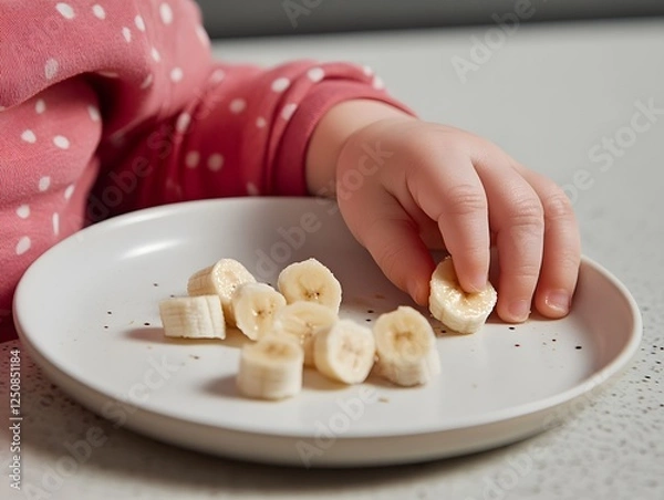 Fototapeta Close-up of a baby grabbing a piece of sliced banana from a speckled ceramic plate. Soft lighting and warm tones create a cozy, natural fee