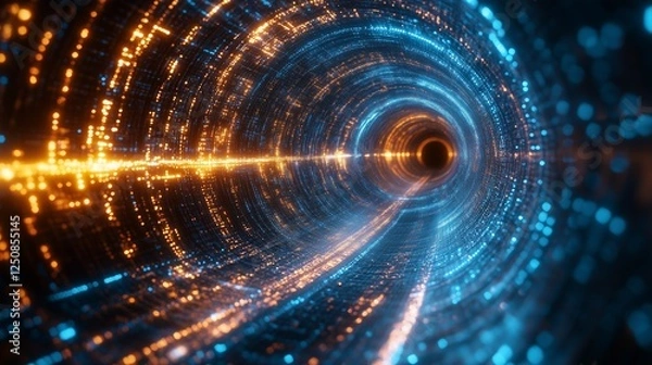 Obraz A visually stunning representation of a digital data tunnel, illuminated with glowing blue and orange lights